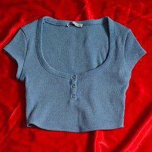Ribbed Square Neckline Cute Balletcore Light Blue Cropped Top Short Sleeve